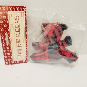 Vtg Just for Keeps Mini Red Green Holiday Christmas Plaid Teddy Bear Ornament